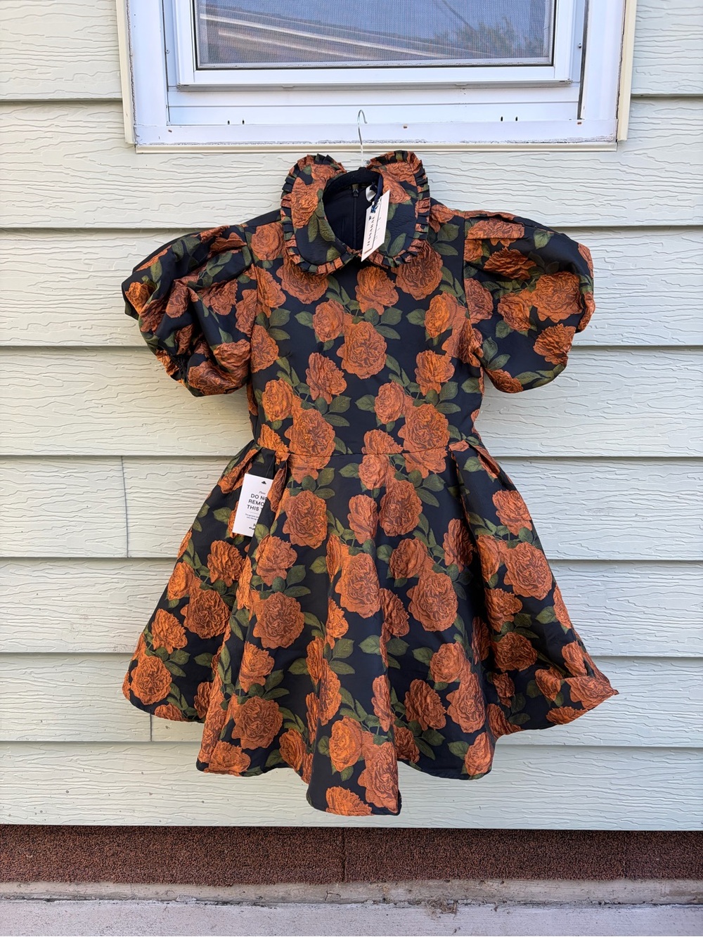 NWT Jessa Kae - Black Dress with Rust Floral Print Puff Sleeve Wedding Dress XL